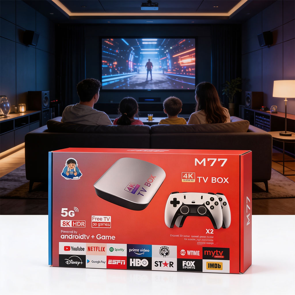 TV Box & Game Console M77 Ultra HD avec Deux Manettes et Télécommande - جهاز الترفيه والألعاب المتكامل