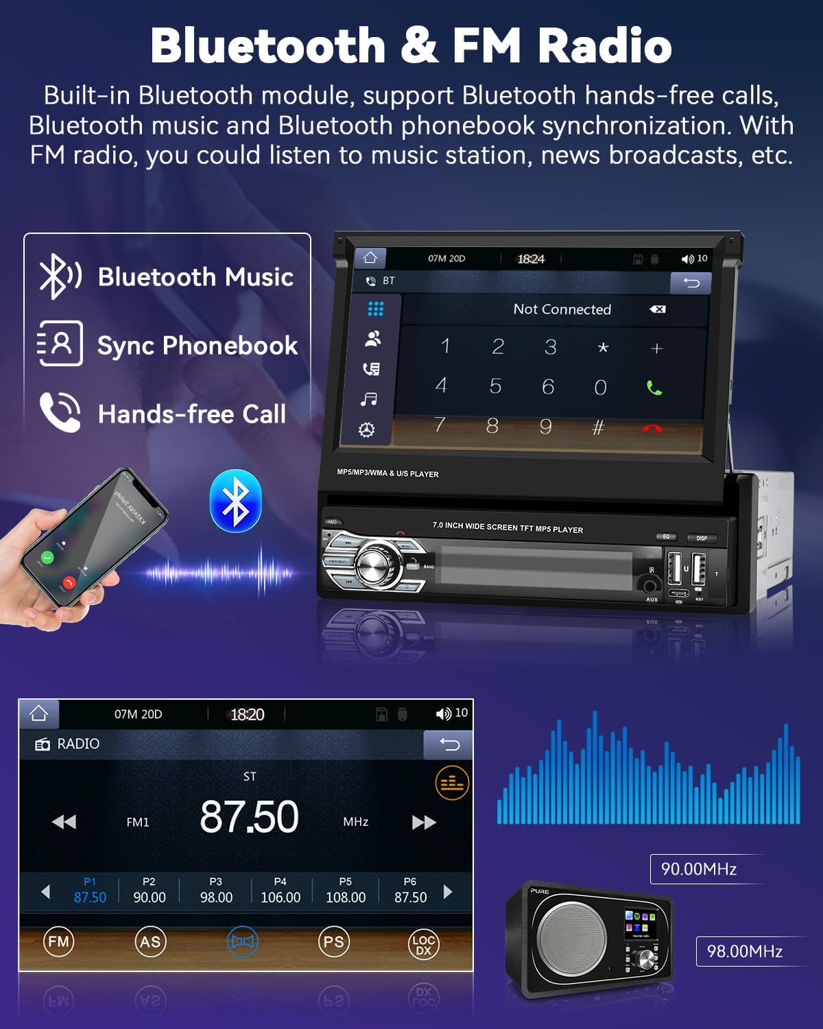 Autoradio Rétractable Tactile 7 Pouces Wireless CarPlay Android Auto 32+2GB - راديو السيارة الذكي بنظام أندرويد وشاشة 7 بوصة قابلة للطي