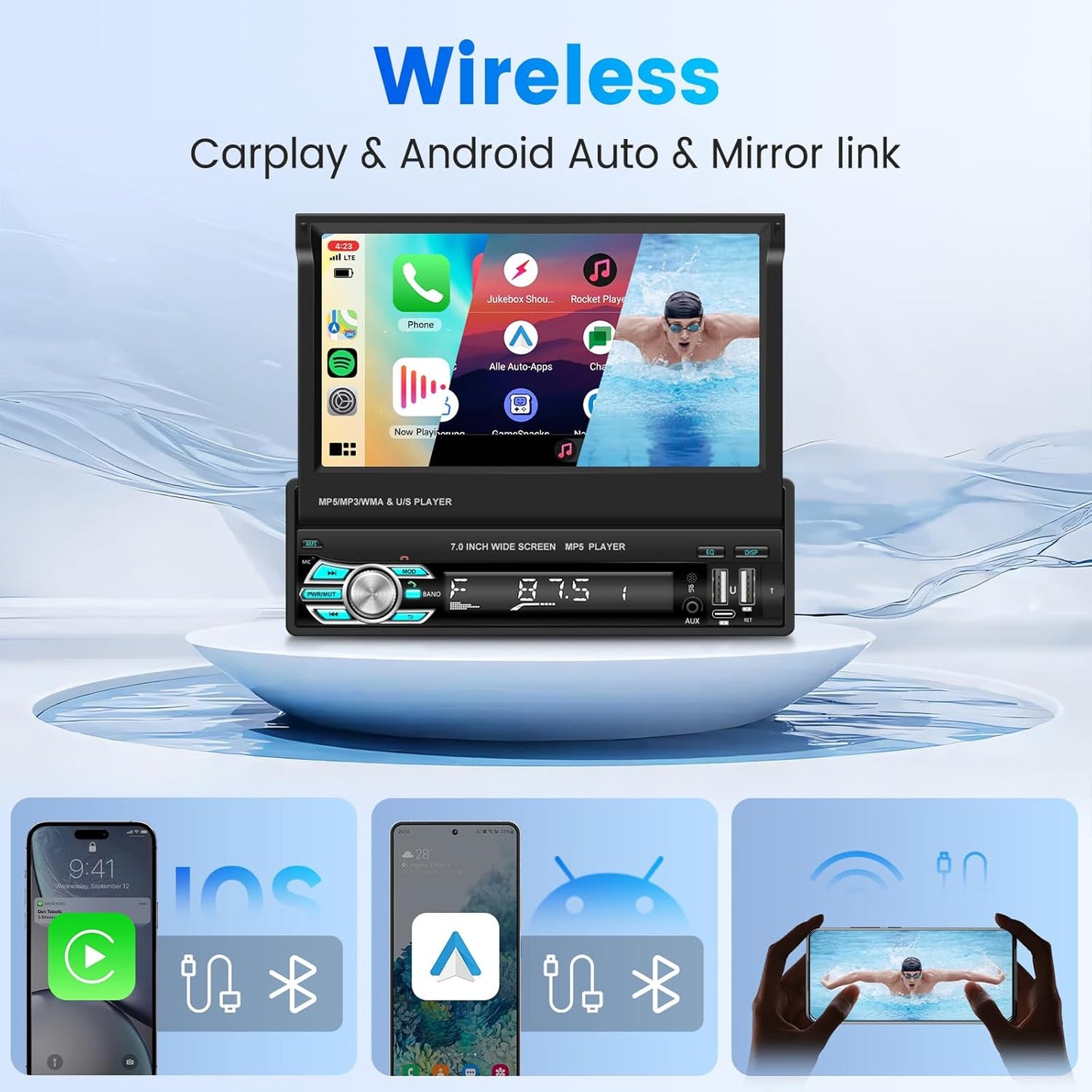 Autoradio Rétractable Tactile 7 Pouces Wireless CarPlay Android Auto 32+2GB - راديو السيارة الذكي بنظام أندرويد وشاشة 7 بوصة قابلة للطي