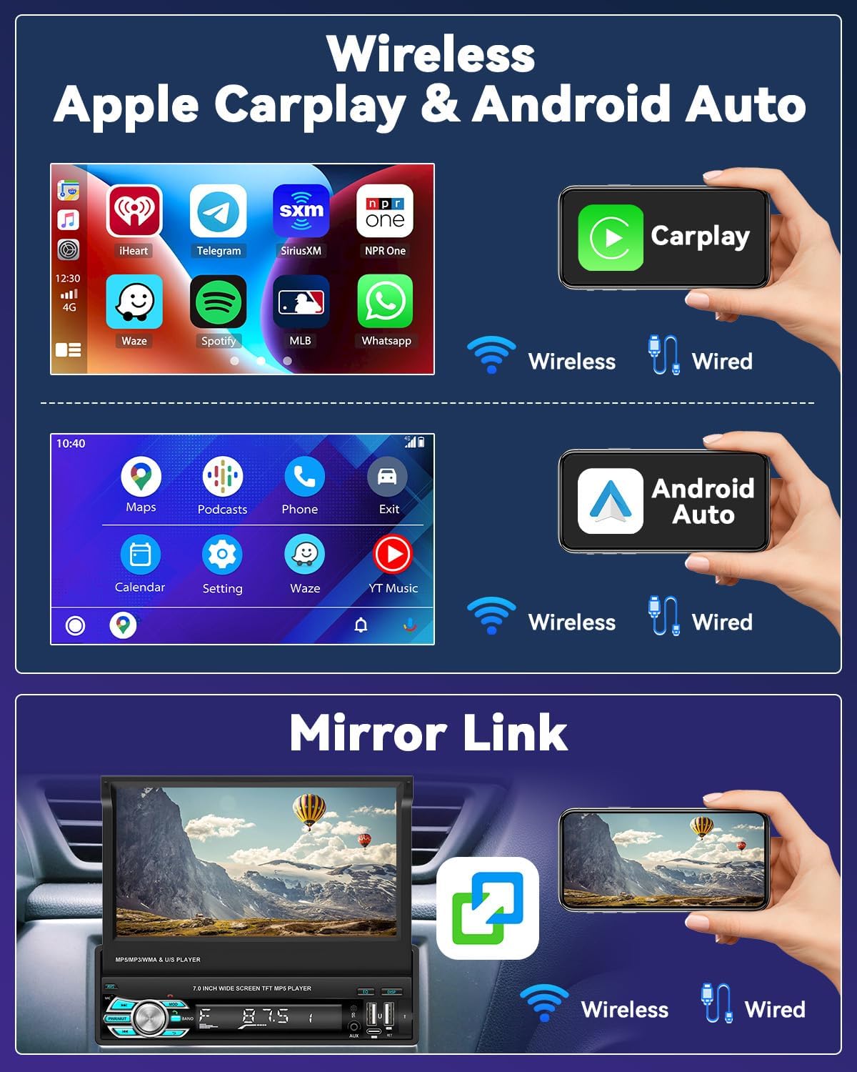 Autoradio Rétractable Tactile 7 Pouces Wireless CarPlay Android Auto 32+2GB - راديو السيارة الذكي بنظام أندرويد وشاشة 7 بوصة قابلة للطي