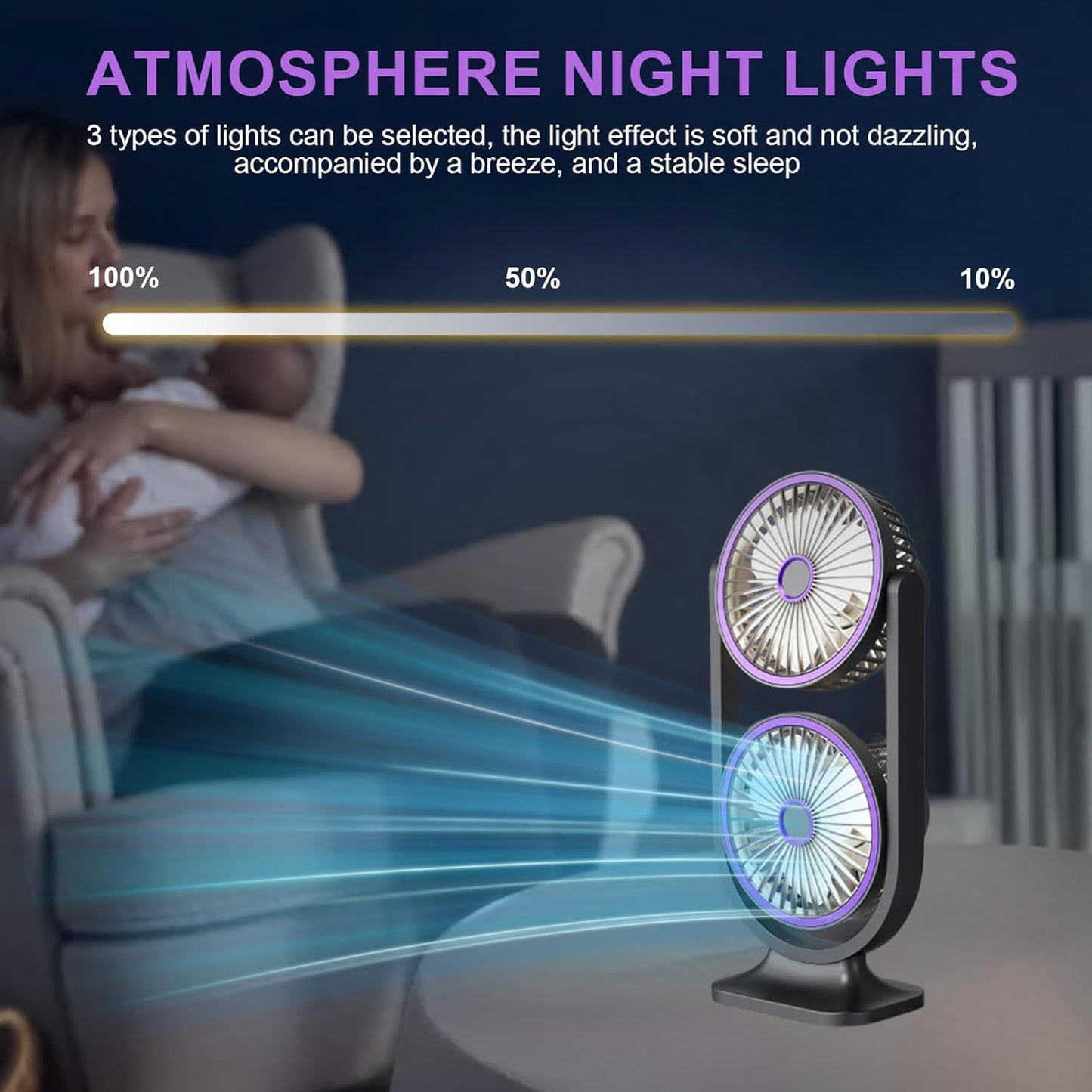 Ventilateur de Bureau Double Tête Rechargeable USB - مروحة المكتب المكتبية المزدوجة بـ 3 سرعات