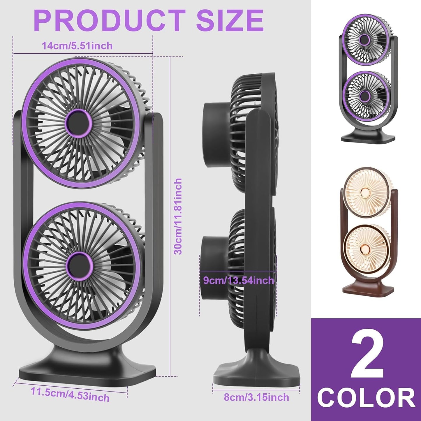Ventilateur de Bureau Double Tête Rechargeable USB - مروحة المكتب المكتبية المزدوجة بـ 3 سرعات