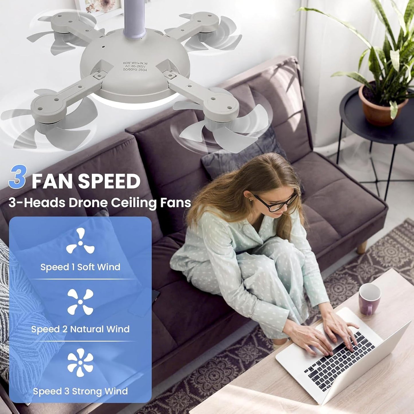 Ventilateur de Plafond LED Drone F4 avec Télécommande et Variateur - مروحة سقف ومصباح بتصميم الدرون مع ريموت كنترول