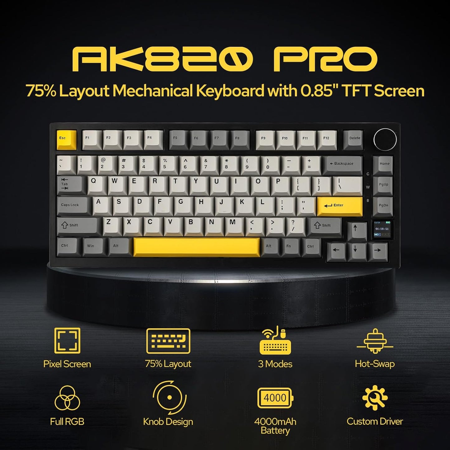 Clavier Mécanique Ajazz AK820 Pro Black avec Écran TFT et Structure Gasket - لوحة مفاتيح ميكانيكية