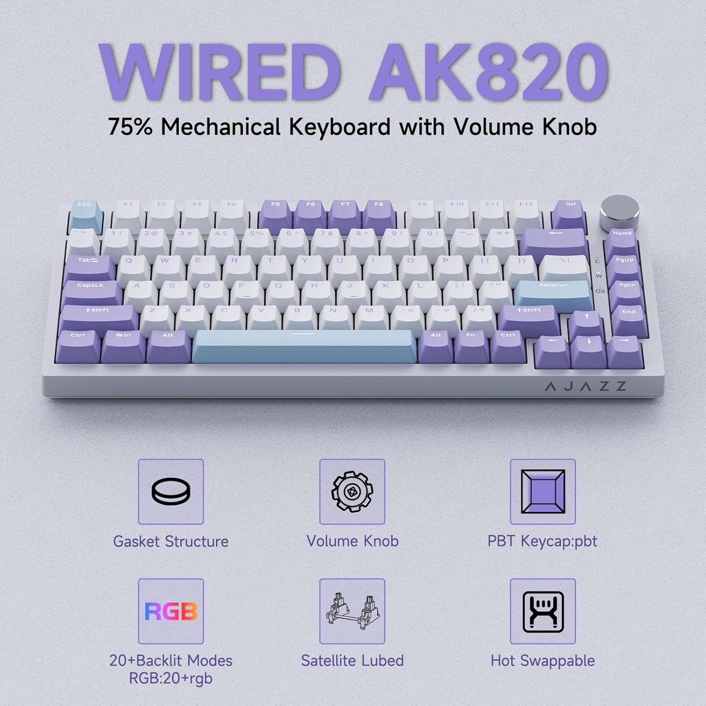Clavier Mécanique Ajazz AK820 Purple avec Bouton de Volume et Structure Gasket - لوحة مفاتيح ميكانيكية