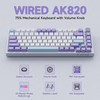 Clavier Mécanique Ajazz AK820 Purple avec Bouton de Volume et Structure Gasket - لوحة مفاتيح ميكانيكية