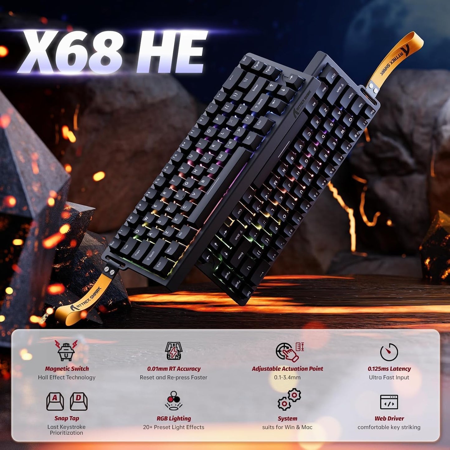 Clavier Gaming Magnétique ATTACK SHARK X68HE 60% avec Rapid Trigger et 8000Hz - لوحة مفاتيح المغناطيسية
