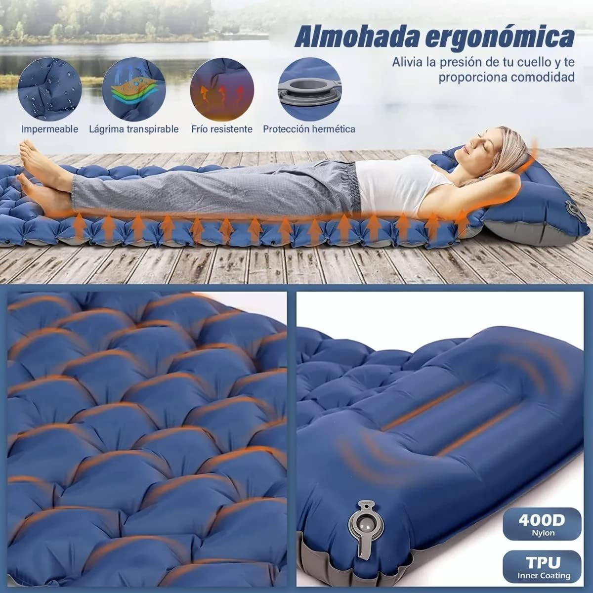 Matelas de Camping Gonflable Portable - فراش التخييم الهوائي القابل للنفخ بالقدم مع وسادة مدمجة