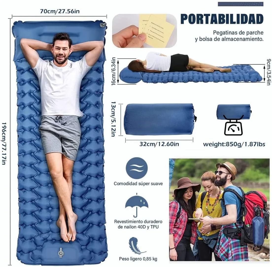 Matelas de Camping Gonflable Portable - فراش التخييم الهوائي القابل للنفخ بالقدم مع وسادة مدمجة