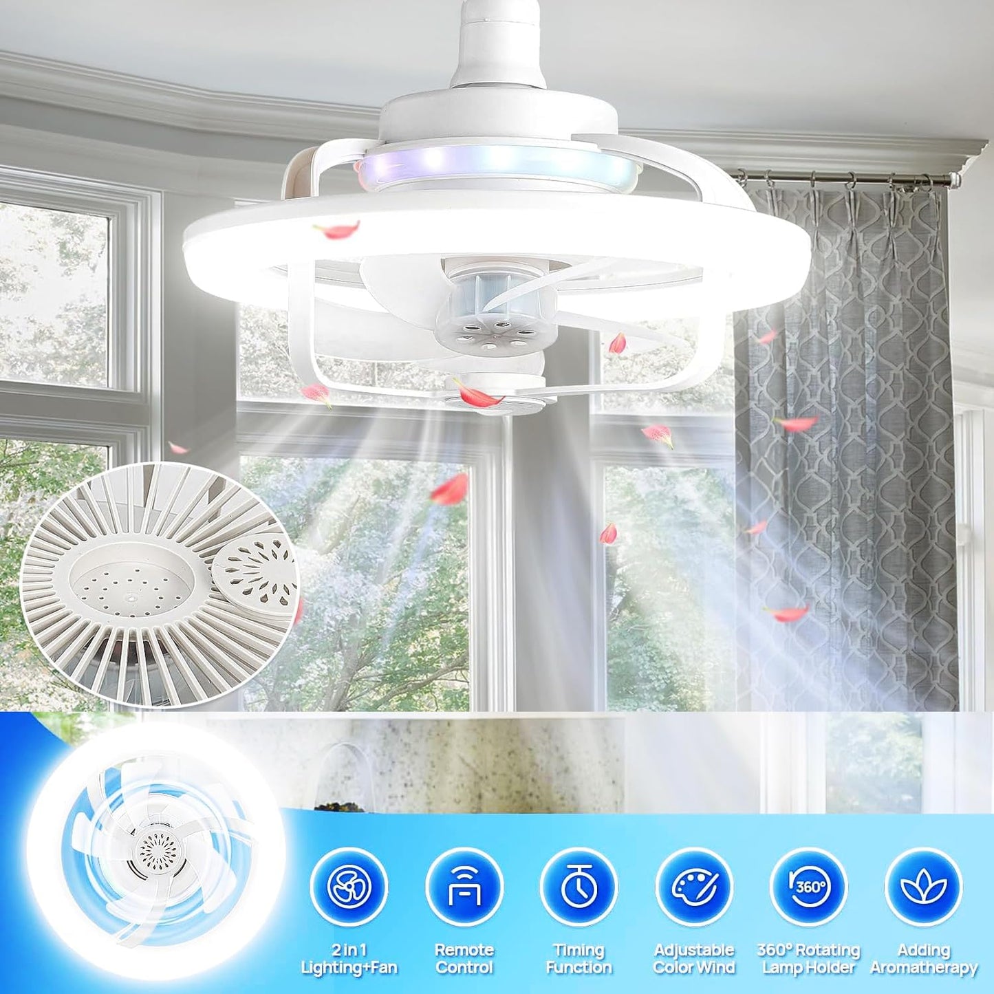 Ventilateur de Plafond Lumineux E27 avec Éclairage RGB et Télécommande - مروحة السقف الذكية إضاءة ملونة مع ريموت
