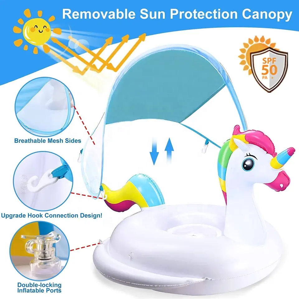 Bouée Flotteur Licorne pour Bébé avec Parasol Anti-UV - عوامة المسبح للأطفال بتصميم وحيد القرن مع مظلة حماية
