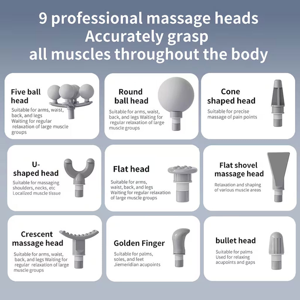 Pistolet de Massage Professionnel avec 9 Têtes Interchangeables pour Relaxation Totale - جهاز تدليك الجسم الاحترافي بـ 9 رؤوس لتدليك الأنسجة العميقة
