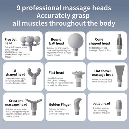 Pistolet de Massage Professionnel avec 9 Têtes Interchangeables pour Relaxation Totale - جهاز تدليك الجسم الاحترافي بـ 9 رؤوس لتدليك الأنسجة العميقة
