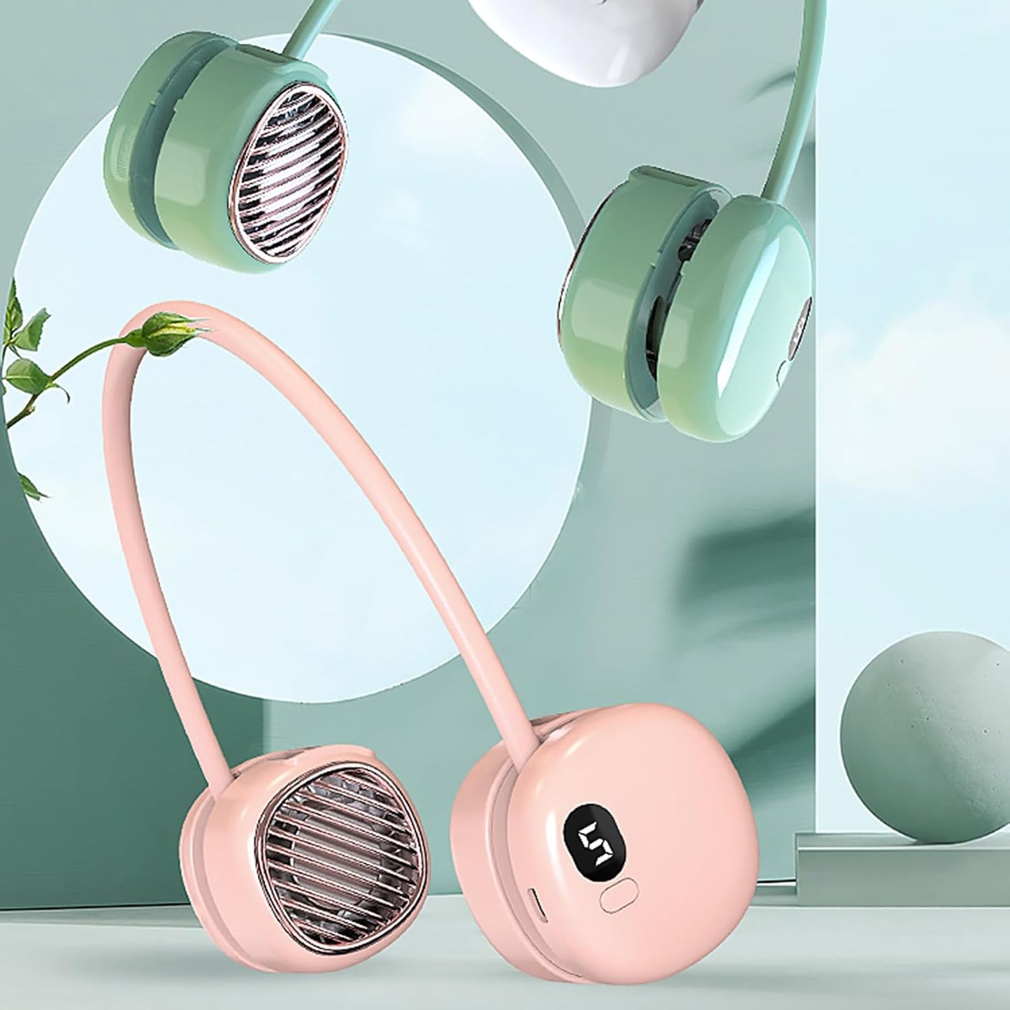 Ventilateur de Cou Portable Pliable - Design Macaron Écran LED et Rechargeable USB-C - مروحة الرقبة المحمولة والذكية القابلة للطي بـ 5 سرعات وشاشة