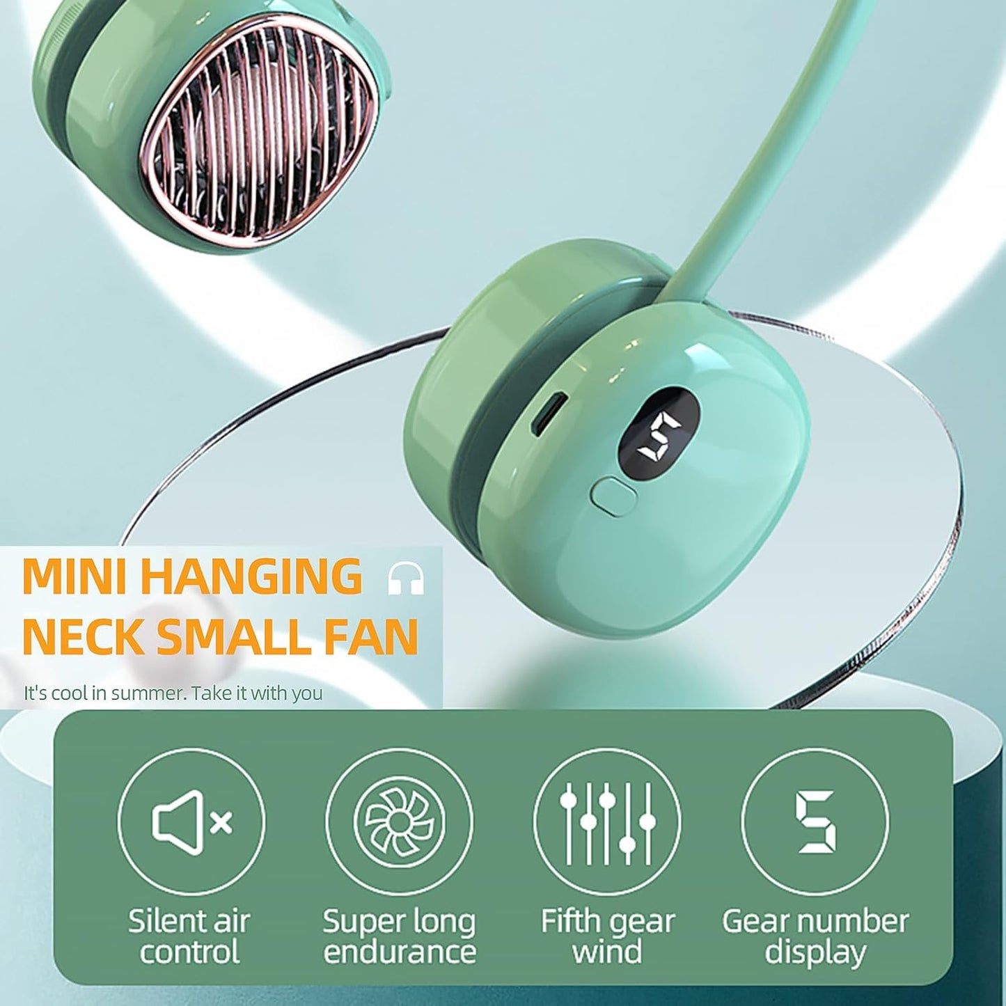 Ventilateur de Cou Portable Pliable - Design Macaron Écran LED et Rechargeable USB-C - مروحة الرقبة المحمولة والذكية القابلة للطي بـ 5 سرعات وشاشة