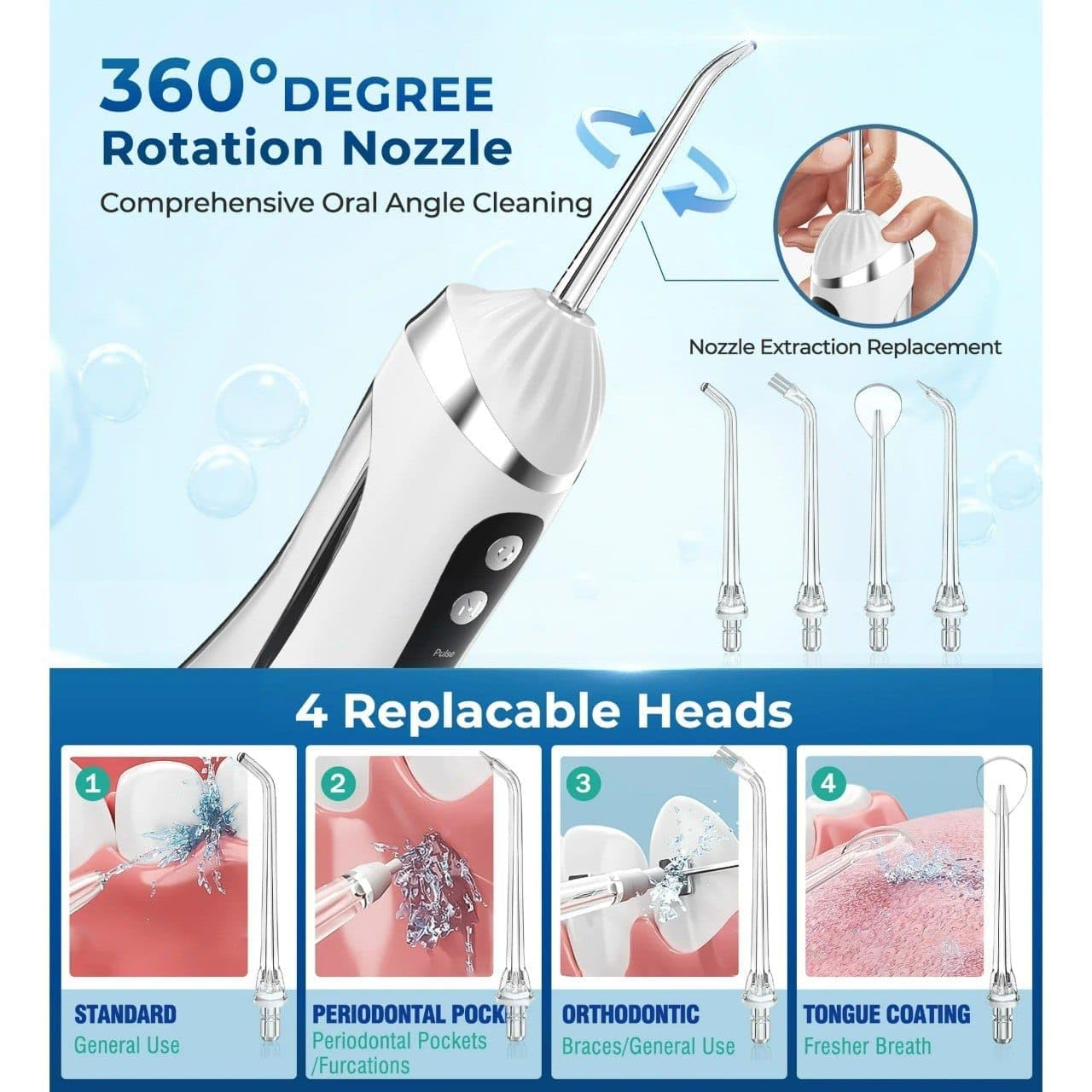 Hydropulseur Dentaire Sans Fil Jet Dentaire Portable à 3 Modes et 4 Buses - جهاز تنظيف الأسنان واللثة المائي