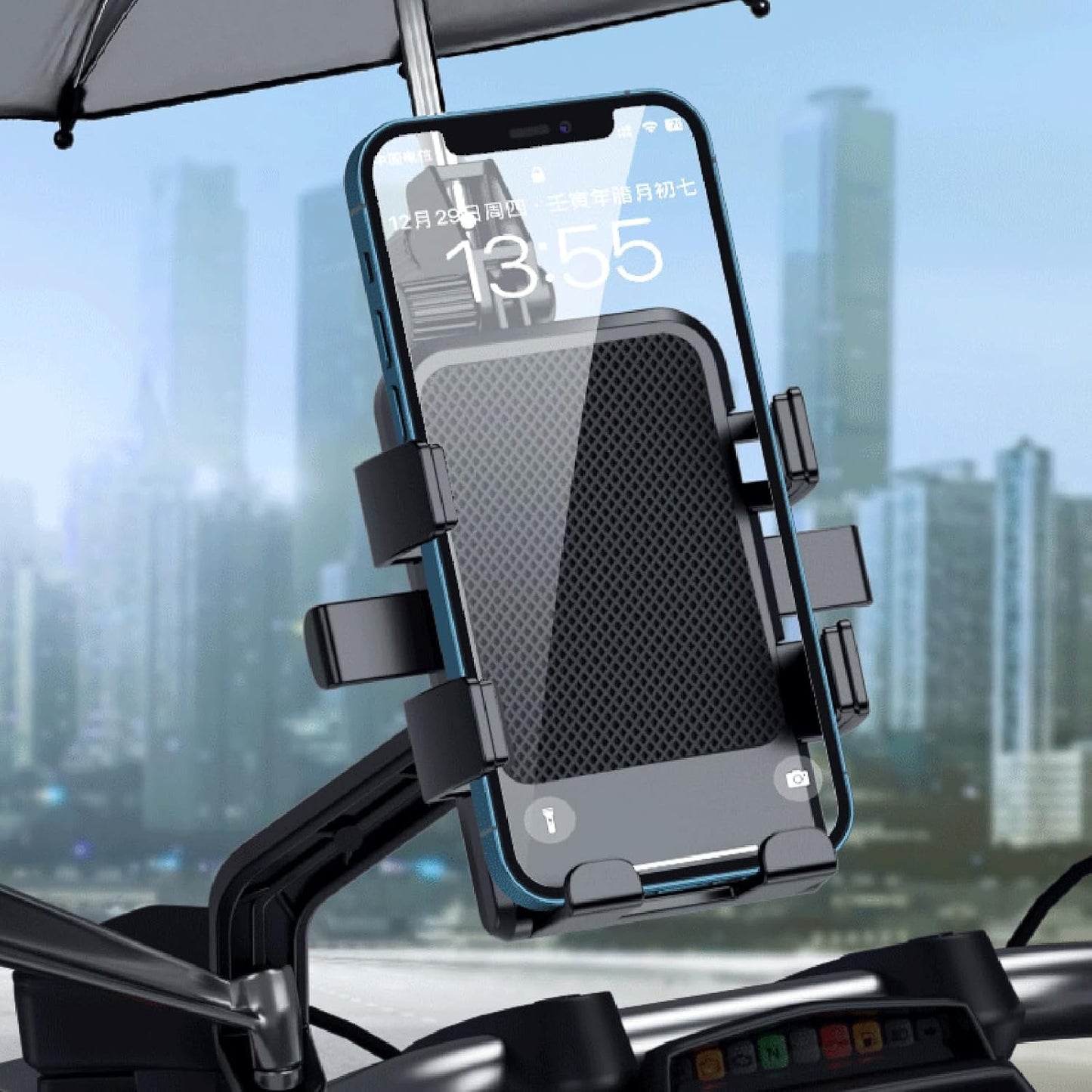Support Téléphone Moto Avec Parapluie Intégré Protection Pluie et Soleil - حامل ومثبت الهاتف الذكي للدراجات النارية مع مظلة واقية من المطر والشمس