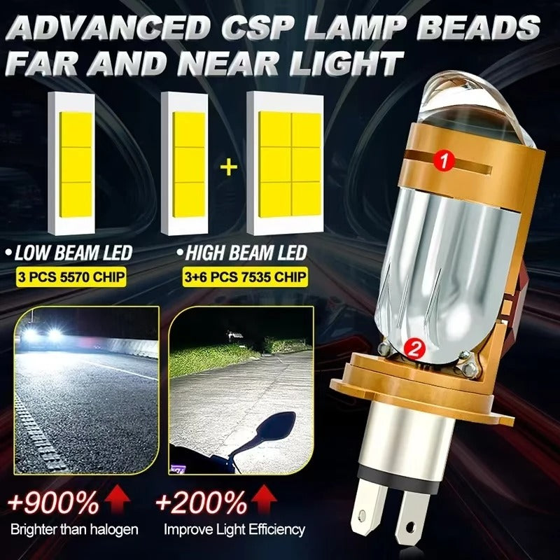 Ampoule LED H4 Moto Avec Mini Lentille Projecteur - Double Faisceau Ultra-Puissant 42W - مصباح للدراجات النارية مع عدسة قوة 42 واط