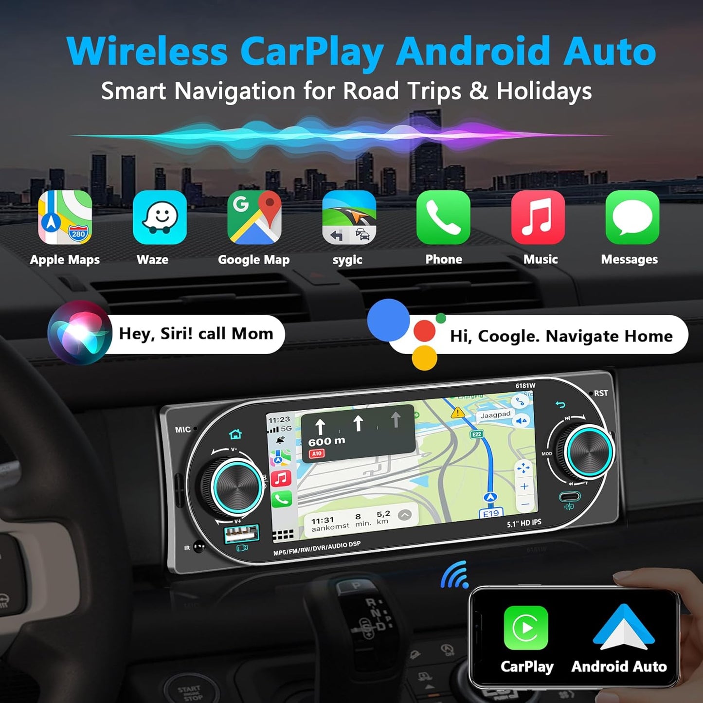 Autoradio 1Din Écran Tactile 5" IPS - Apple CarPlay et Android Auto Sans Fil Charge Rapide Type-C - راديو سيارة ذكي بشاشة لمس 5 بوصة تدعم و لاسلكيًا