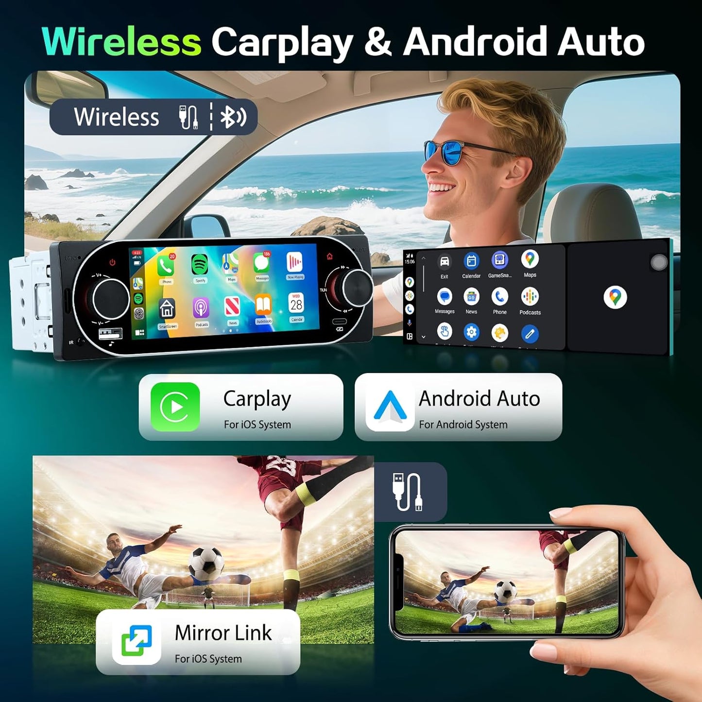 Autoradio 1Din Écran Tactile 5" IPS - Apple CarPlay et Android Auto Sans Fil Charge Rapide Type-C - راديو سيارة ذكي بشاشة لمس 5 بوصة تدعم و لاسلكيًا
