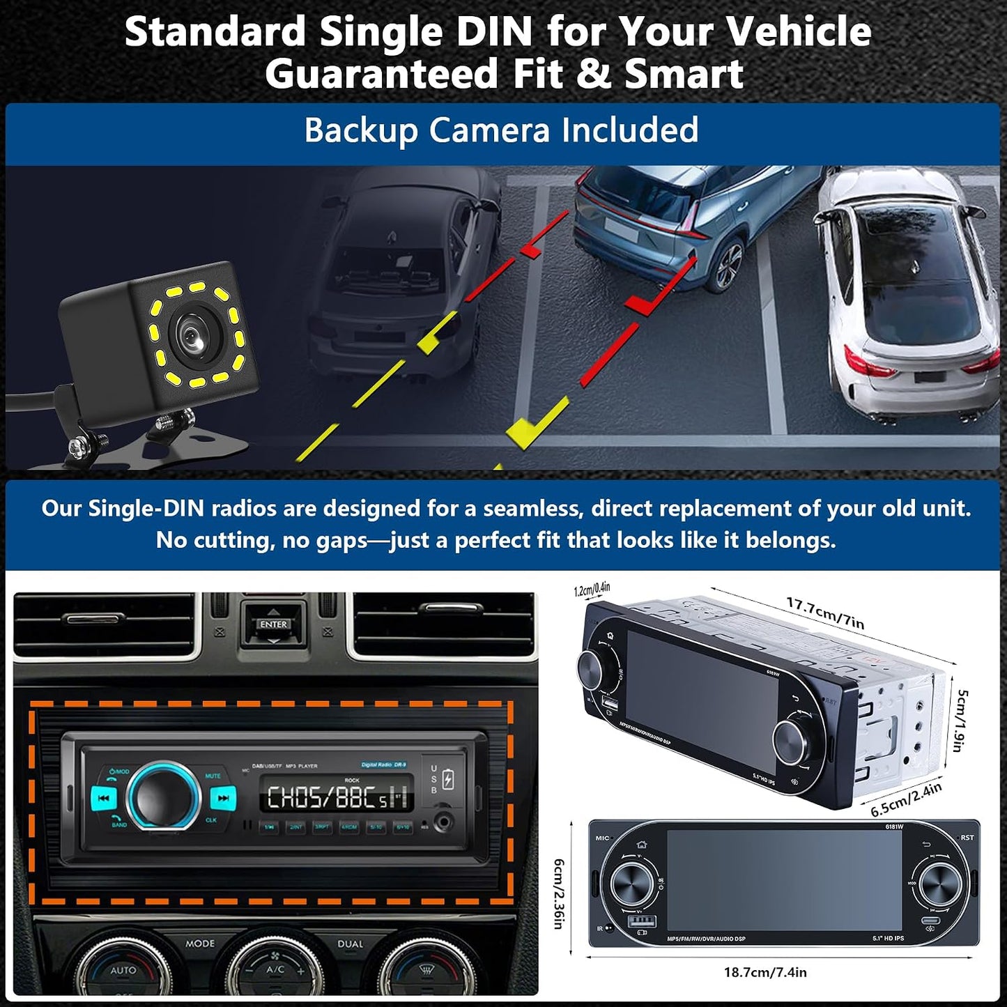 Autoradio 1Din Écran Tactile 5" IPS - Apple CarPlay et Android Auto Sans Fil Charge Rapide Type-C - راديو سيارة ذكي بشاشة لمس 5 بوصة تدعم و لاسلكيًا
