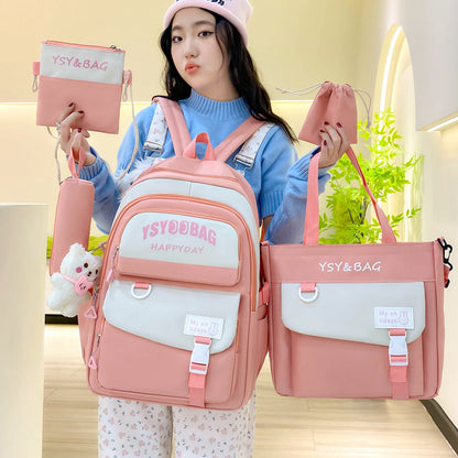 Sac à Dos Multifonctionnel Kawaii Grand Volume Imperméable et Résistant 5Pcs Rose SACKDS10RS - حقيبة ظهر بعدة قطع بتصميم كاوايي