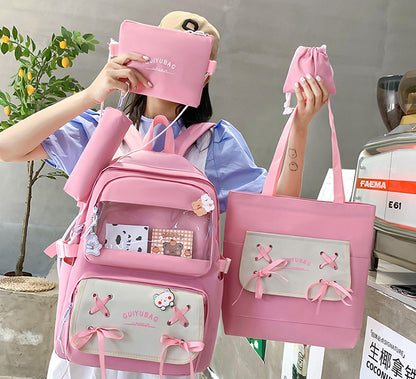 Sac à Dos Multifonctionnel Kawaii Grand Volume Imperméable et Résistant 5Pcs Rose SACKDS11RS - حقيبة ظهر بعدة قطع بتصميم كاوايي