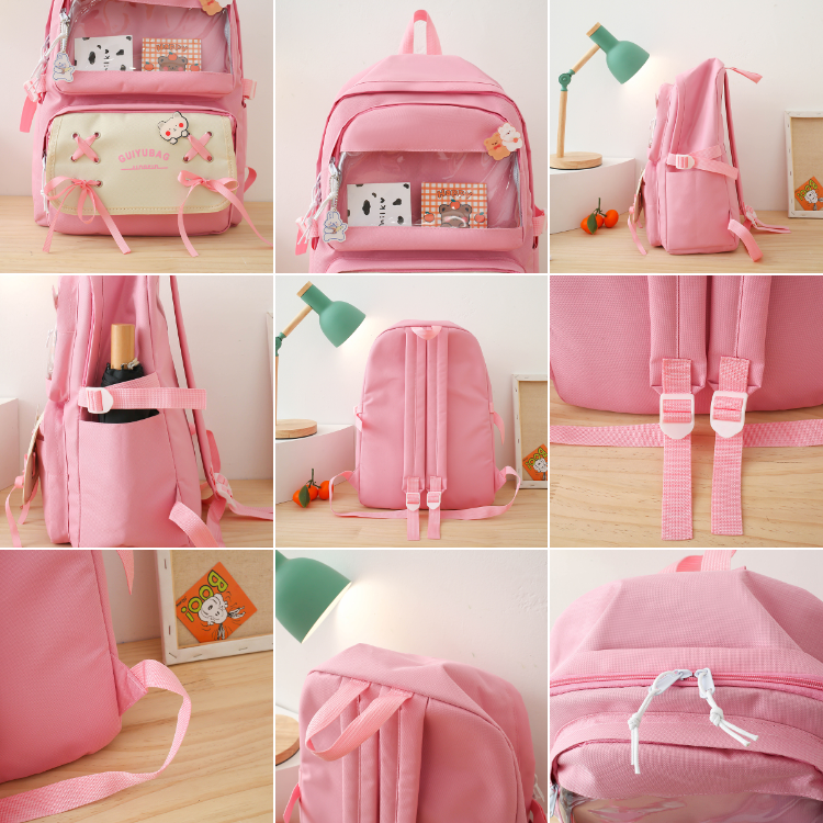 Sac à Dos Multifonctionnel Kawaii Grand Volume Imperméable et Résistant 5Pcs Rose SACKDS11RS - حقيبة ظهر بعدة قطع بتصميم كاوايي