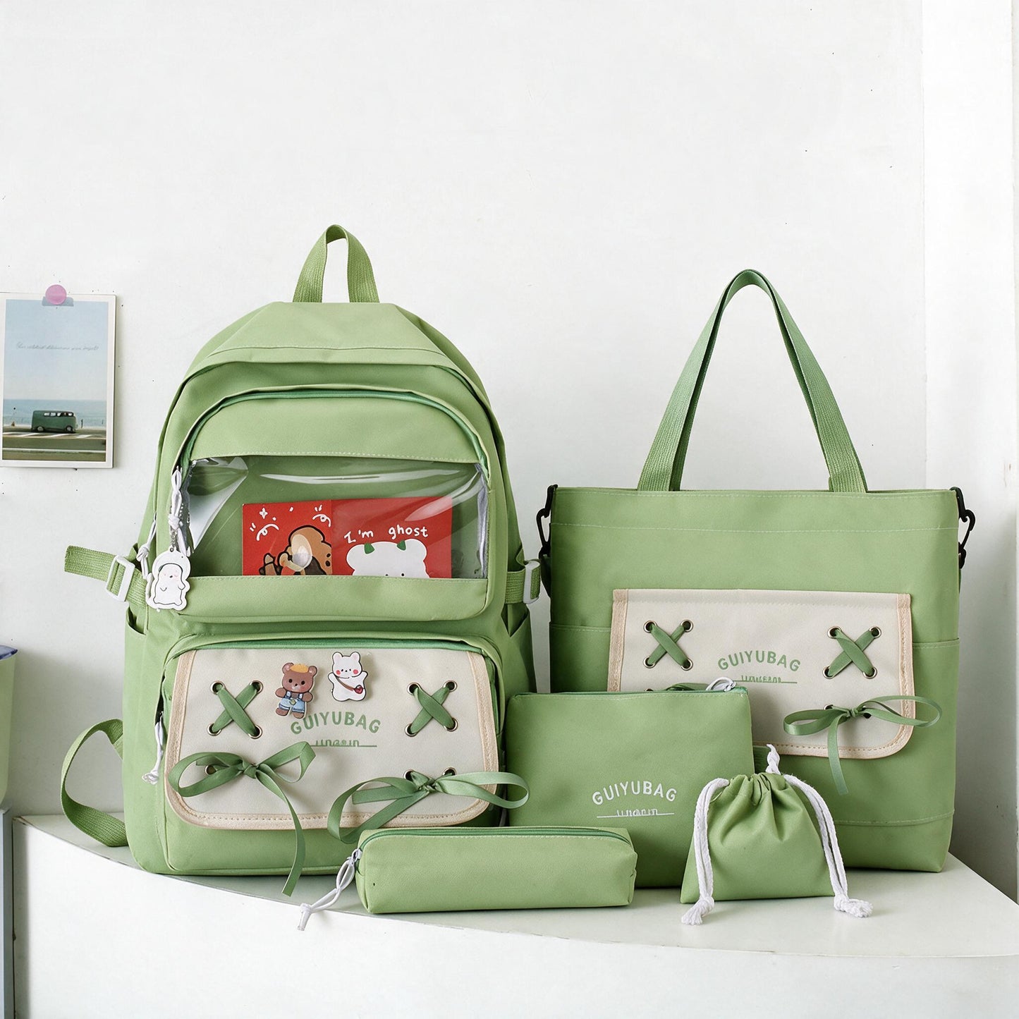 Sac à Dos Multifonctionnel Kawaii Grand Volume Imperméable et Résistant 5Pcs Vert SACKDS10VR - حقيبة ظهر بعدة قطع بتصميم كاوايي