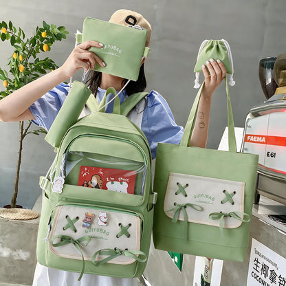 Sac à Dos Multifonctionnel Kawaii Grand Volume Imperméable et Résistant 5Pcs Vert SACKDS11VR - حقيبة ظهر بعدة قطع بتصميم كاوايي