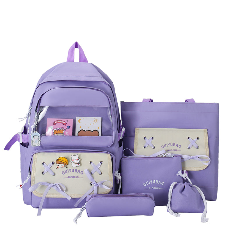Sac à Dos Multifonctionnel Kawaii Grand Volume Imperméable et Résistant 5Pcs Mauve SACKDS11MV - حقيبة ظهر بعدة قطع بتصميم كاوايي