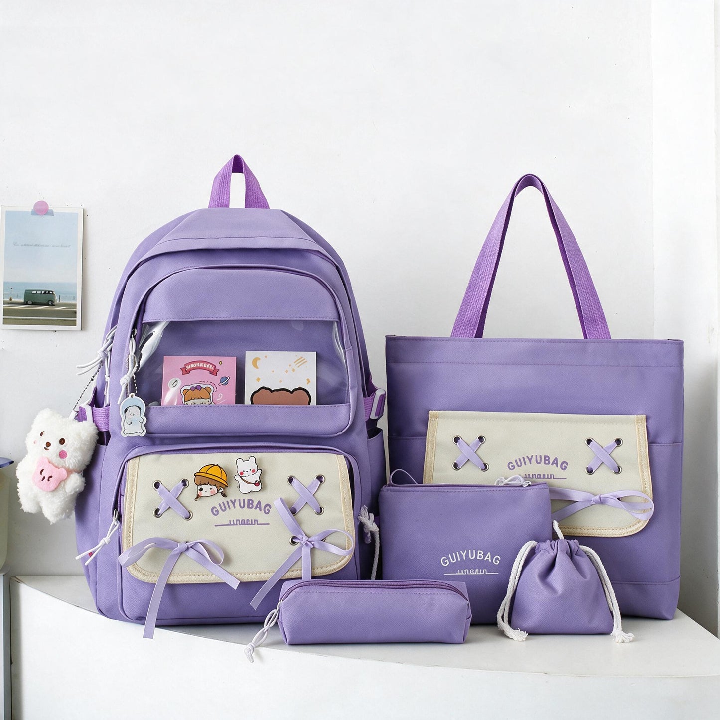 Sac à Dos Multifonctionnel Kawaii Grand Volume Imperméable et Résistant 5Pcs Vert SACKDS10VR - حقيبة ظهر بعدة قطع بتصميم كاوايي