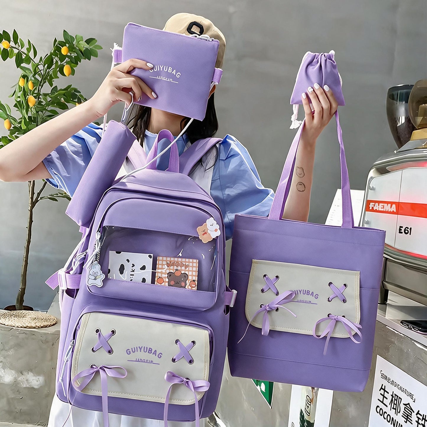 Sac à Dos Multifonctionnel Kawaii Grand Volume Imperméable et Résistant 5Pcs Mauve SACKDS11MV - حقيبة ظهر بعدة قطع بتصميم كاوايي