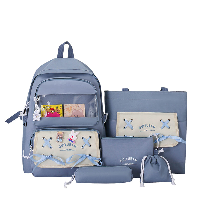 Sac à Dos Multifonctionnel Kawaii Grand Volume Imperméable et Résistant 5Pcs Bleu SACKDS11BL - حقيبة ظهر بعدة قطع بتصميم كاوايي
