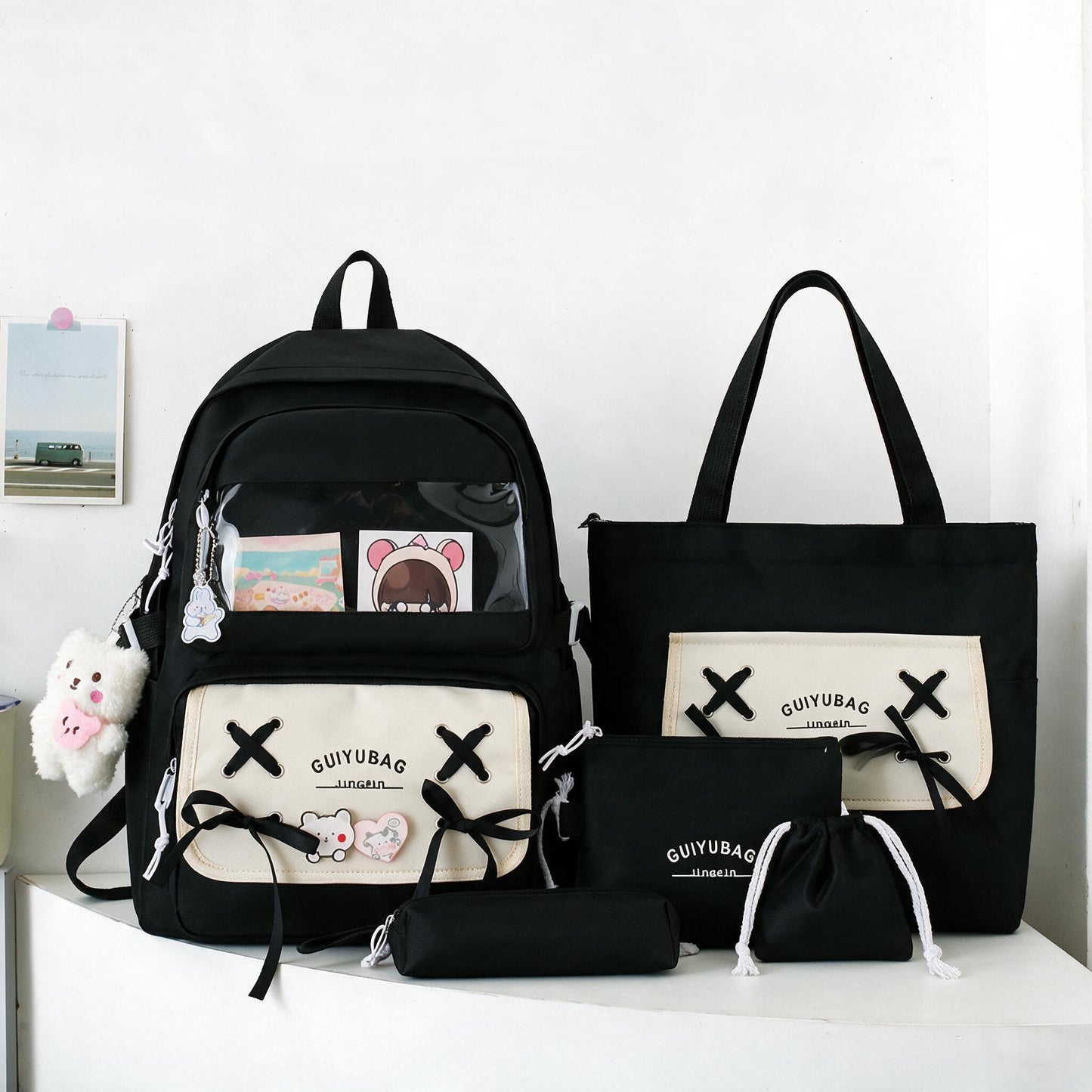 Sac à Dos Multifonctionnel Kawaii Grand Volume Imperméable et Résistant 5Pcs Noir SACKDS11N - حقيبة ظهر بعدة قطع بتصميم كاوايي
