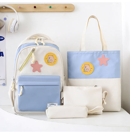 Sac à Dos Multifonctionnel Kawaii Grand Volume Imperméable et Résistant 4Pcs Bleu et Beige SACKDS02B - حقيبة ظهر بعدة قطع بتصميم كاوايي