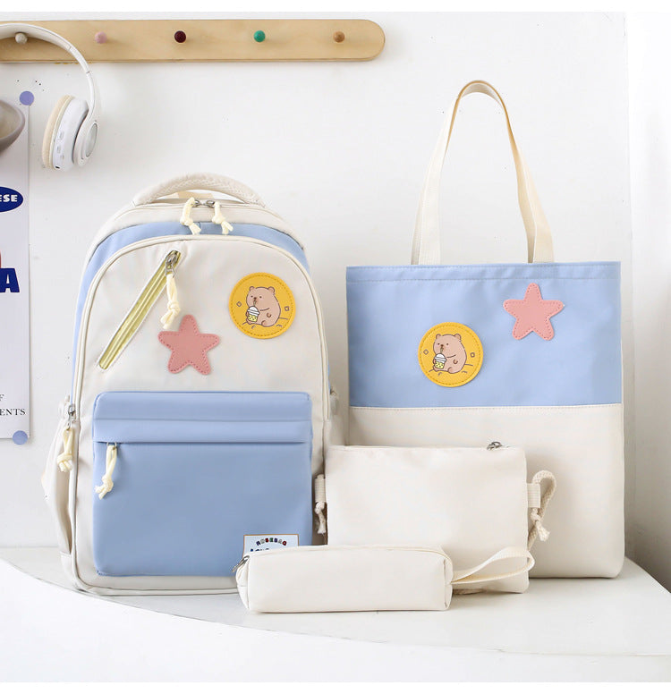 Sac à Dos Multifonctionnel Kawaii Grand Volume Imperméable et Résistant 4Pcs Bleu et Beige SACKDS02B - حقيبة ظهر بعدة قطع بتصميم كاوايي