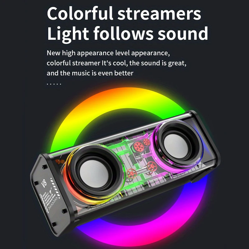 Haut-Parleur Bluetooth 5.3 Lumineux avec Boîtier Transparent - مكبر صوت بلوتوث لاسلكي شفاف مع إضاءة ملونة وسماعات مضاعفة