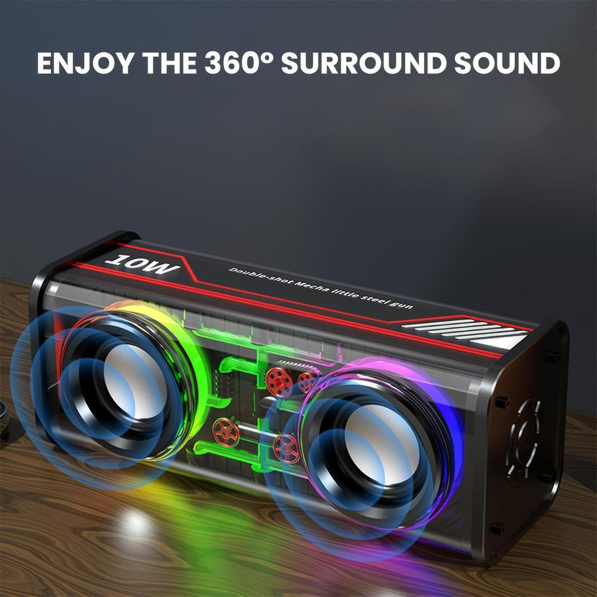 Haut-Parleur Bluetooth 5.3 Lumineux avec Boîtier Transparent - مكبر صوت بلوتوث لاسلكي شفاف مع إضاءة ملونة وسماعات مضاعفة