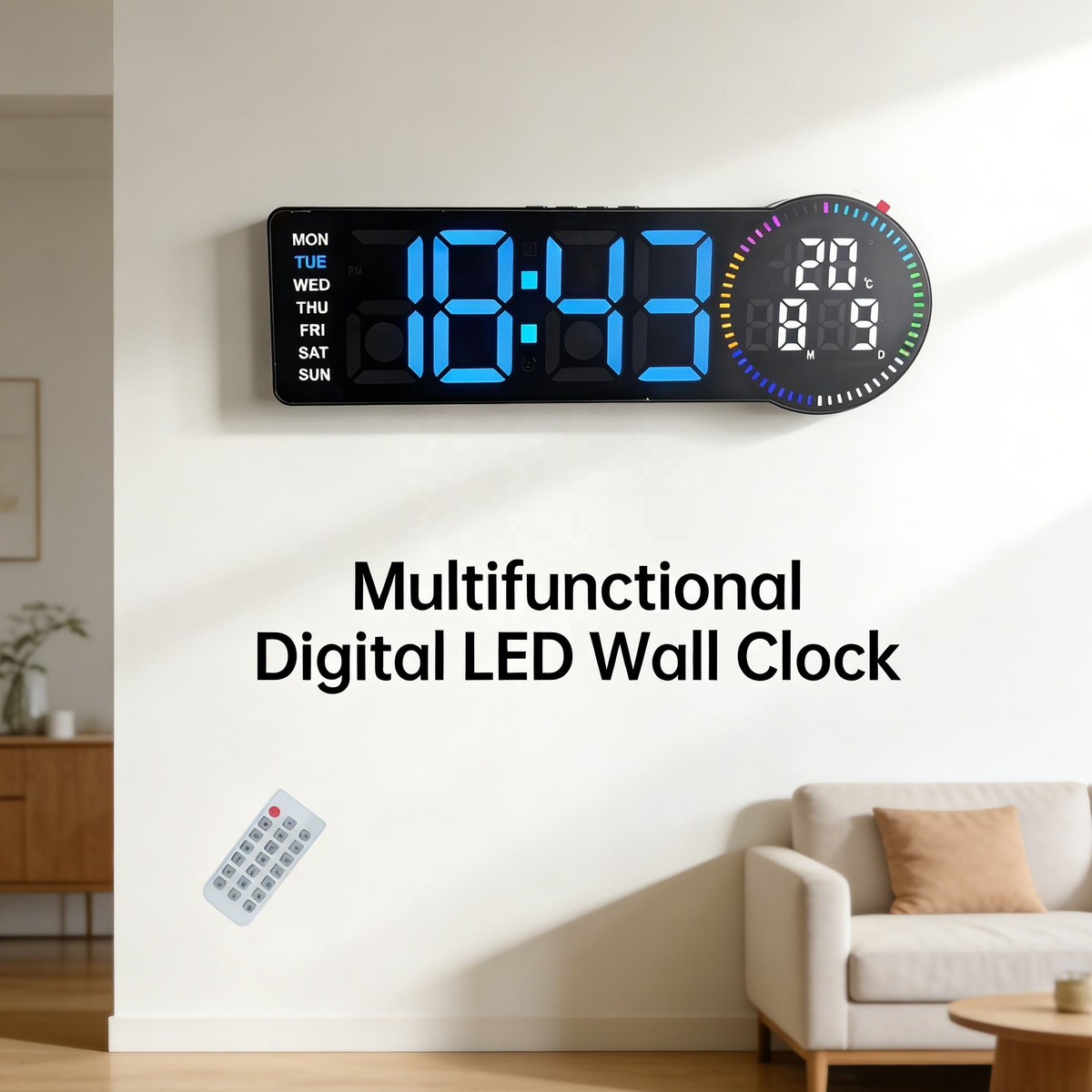 Horloge Murale Numérique LED RGB avec Télécommande et Calendrier 6688 - ساعة حائط رقمية ذكية إضاءة مع منبه ودرجة حرارة