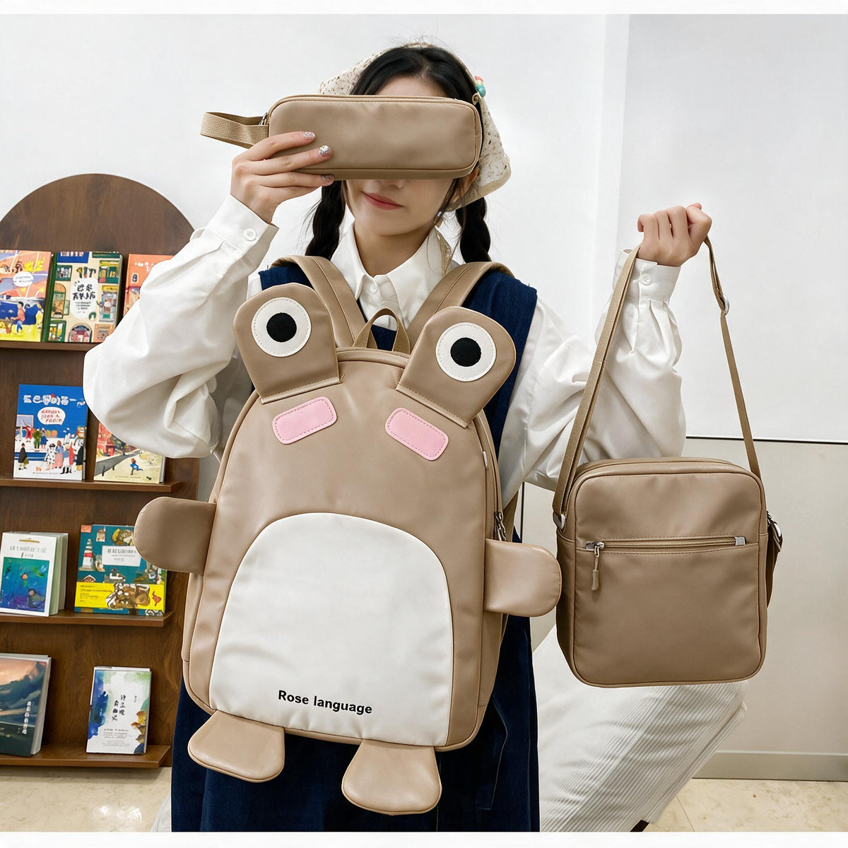 Sac à Dos Scolaires Enfant 3 en 1 Motif Grenouille Rose Language Style Dos Kawaii Marron SACKDS32MR - طقم حقائب مدرسية للأطفال 3 في 1 بتصميم الضفدع