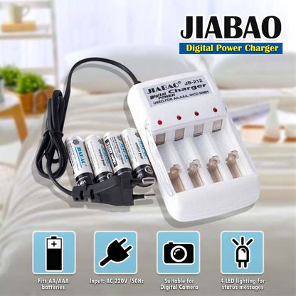 Chargeur des piles rechargable avec 4 piles Jiabao Jb-212 - شاحن البطاريات القابلة للشحن مع 4 بطاريات