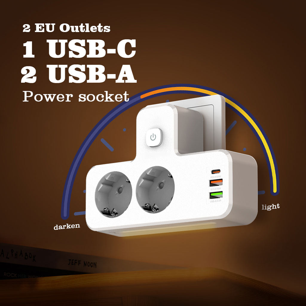 Rallonge Mural Multifonction – 2 Prises Européennes, 3 Ports USB (dont USB-C) et Lumière LED – مقبس طاقة