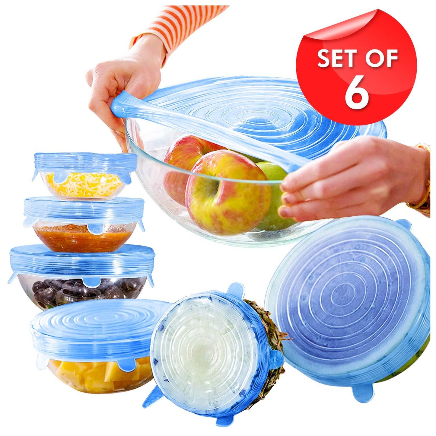 6 couvercles en silicone, extensibles, réutilisables, hermétiques, pour conservation des aliments, pour micro-ondes, pour la cuisine تنزوت