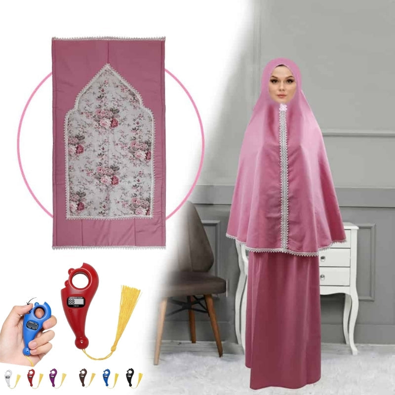 PACK طقم صلاة نسائي 4 قطع برداء فضفاض وسجادة مبطنة مع غلاف للمصحف + جهاز تسبيح رقمي محمول، سبحة صلاة مع عداد رقمي