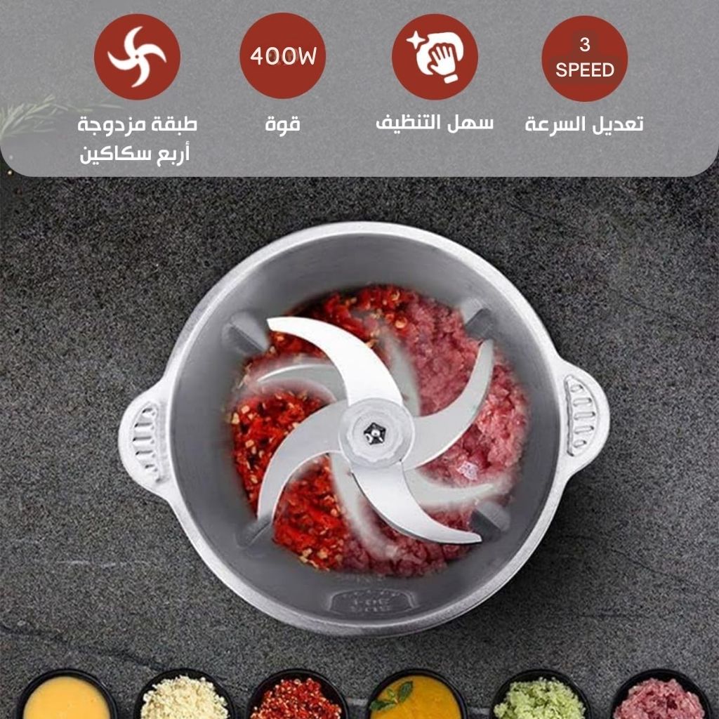 Hachoir à Viande Multifonction en Acier Inoxydable 300W/2L – مفرمة لحم متعددة الوظائف من الفولاذ المقاوم للصدأ