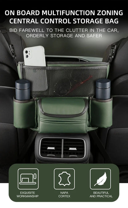 Sac de rangement en cuir pour siège de voiture, cintre central, sac à main automatique, support entre les sièges, poches pour gobelets à eau en tissu, évaluation de rangement
