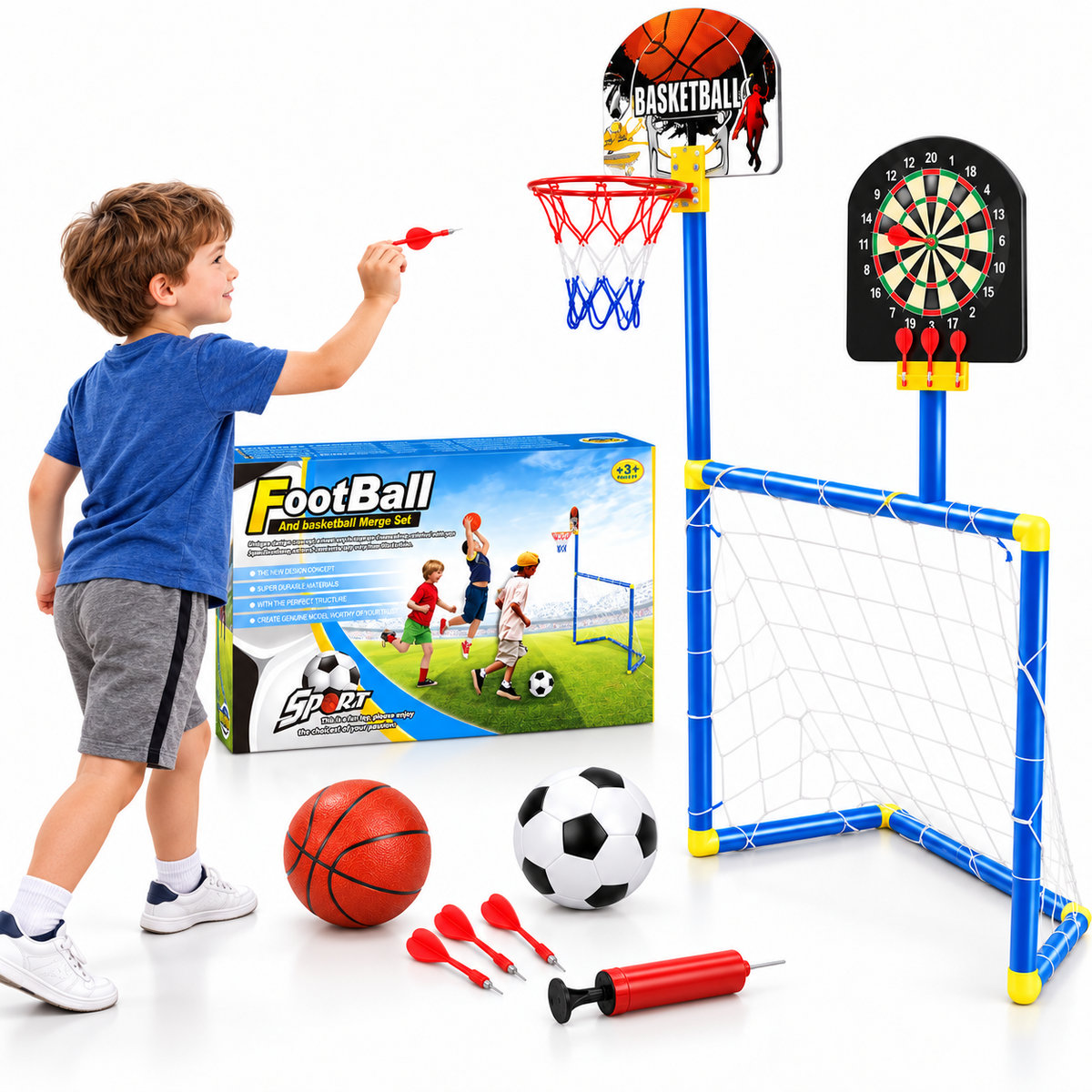 Kit de Jeux 3 en 1 Football, Basketball et Fléchettes - مجموعة ألعاب رياضية 3 في 1 (كرة قدم، سلة، ورمي السهام)