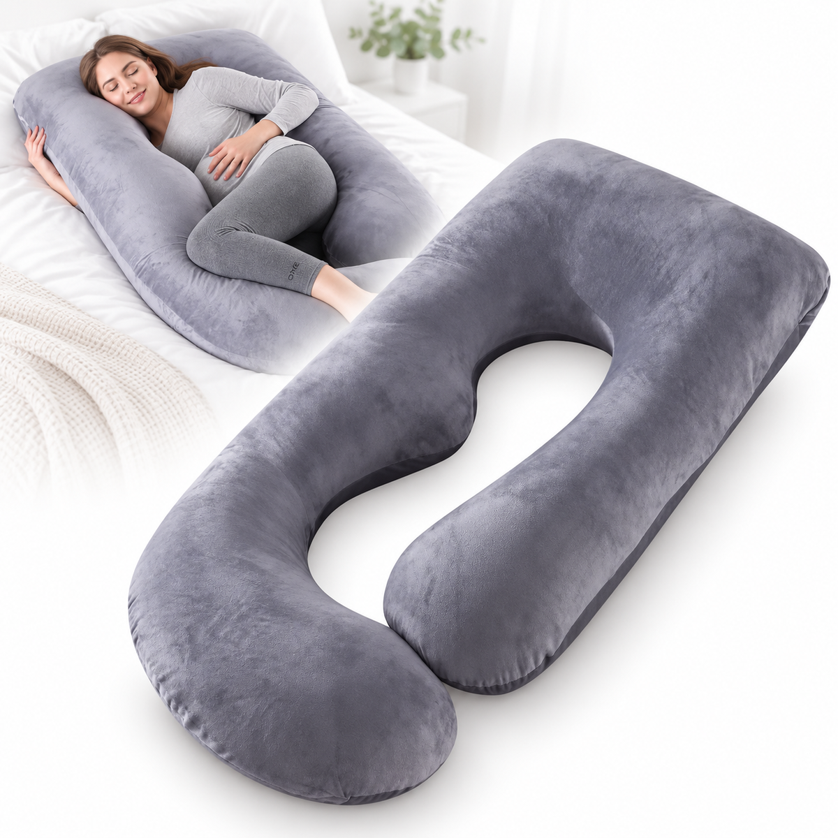 Coussin de Grossesse en Forme de U pour Dormir – Oreiller de Maternité et d’Allaitement avec Housse Lavable – Gris Clair