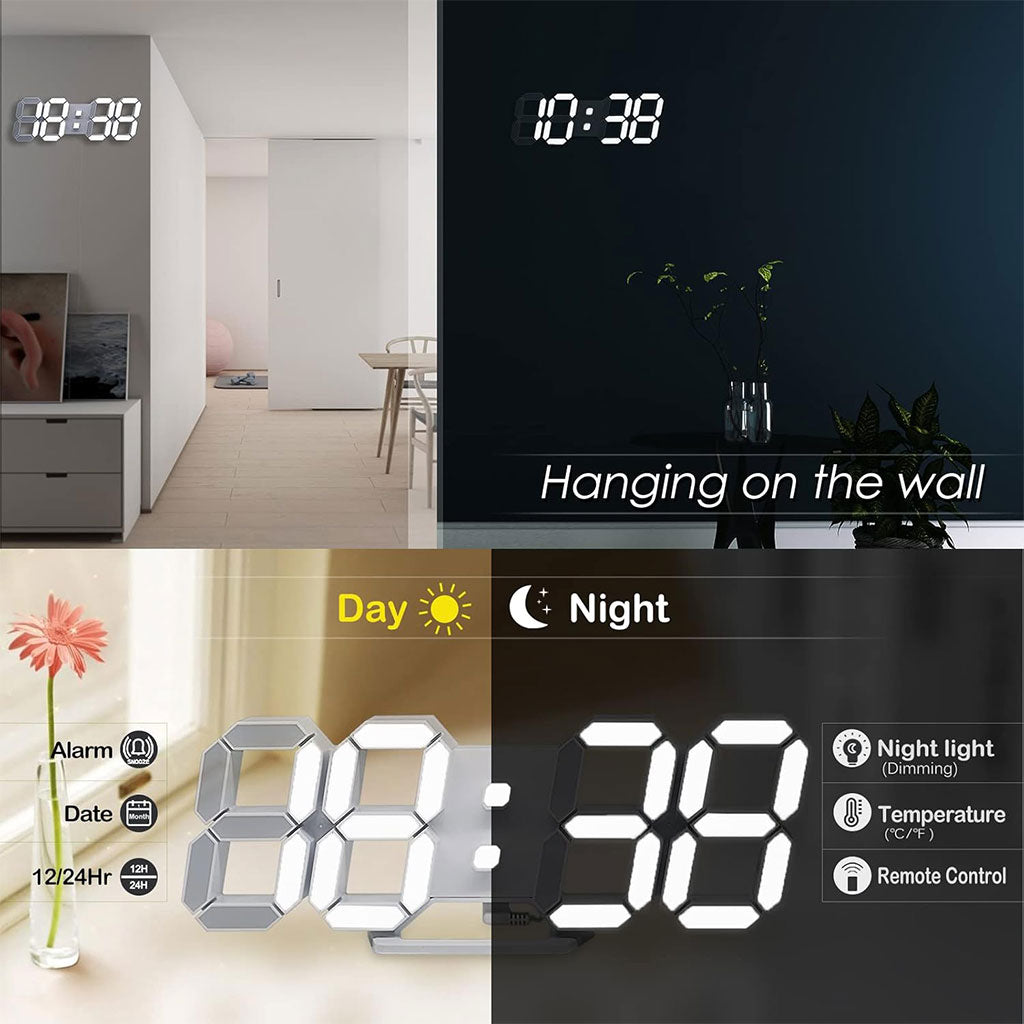 Horloge Murale numérique LED Blanche 3D GH0720L – ساعة رقمية تصميم ثلاثي الأبعاد